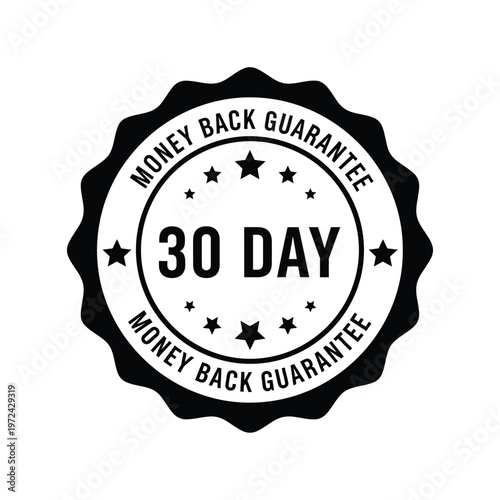 A black and white circular badge proclaims a thirty day money back guarantee with star embellishments