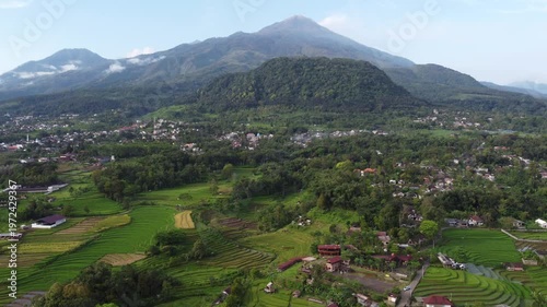 Aerial view of Mount Welirang with terraced rice fields, rural village settlement, and green valley landscape in East Java, Indonesia