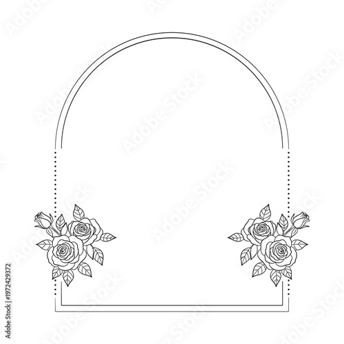 Elegancka ramka w kształcie łuku z bukietami róż, wektorowy line art, zaproszenie ślubne