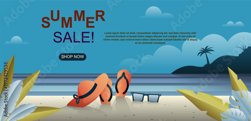 Summer sale banner, beach background, flip flops, tropical scene