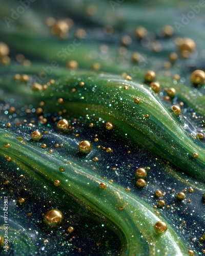 Abstract Green Waves with Gold Spheres - Artistic Design for Creative Projects