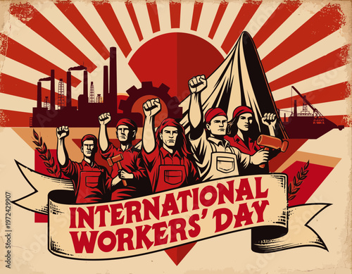 Vintage illustration depicting International Workers' Day, showcasing a diverse group of laborers united with raised fists, set against a background of industrial symbols