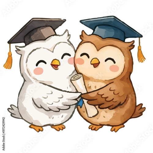 Wise cartoon owl teacher with books wearing a graduation cap representing education and learning