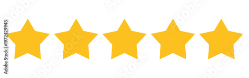 five star rating icon set, yellow stars for customer reviews, feedback and satisfaction evaluation, product rating and quality assessment symbols, clean flat vector illustration.