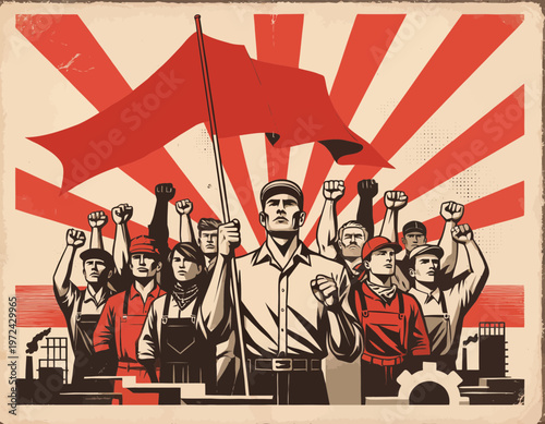 Revolutionary workers united, raising a red flag in solidarity, inspired by vintage propaganda art symbolizing collective power and social change