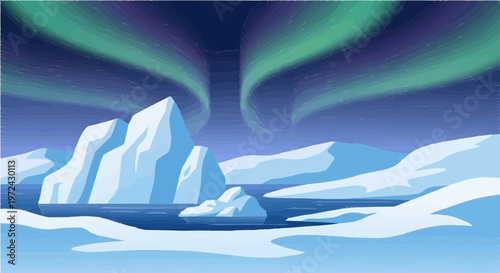 Stunning aurora borealis glowing over snowy arctic landscape with icebergs and stars illustration