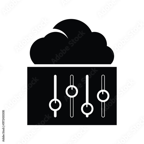 A black graphic depicts a cloud shape above a rectangular panel with four vertical sliders high quality