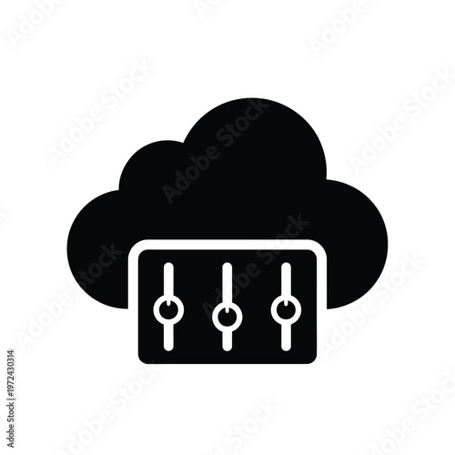 A stylized black icon depicts cloud computing with sliders representing adjustable settings or parameters high quality professional