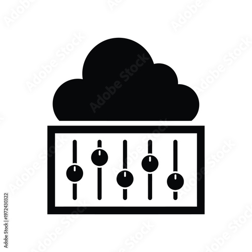 A black and white graphic depicts a cloud hovering above an equalizer with six sliders high quality professional detailed