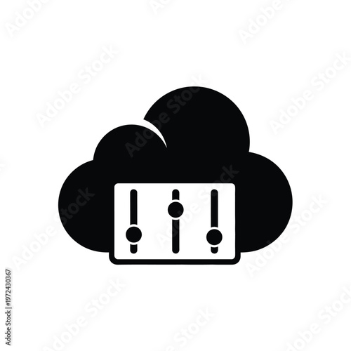 A black glyph depicting a cloud containing a control panel with three vertical sliders high quality professional