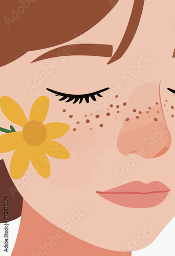 Young person with freckles and flower on face, expressing joy in a sunny outdoor setting during spring