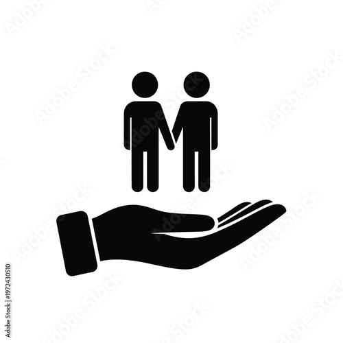 A protective hand cradles two stick figures holding hands symbolizing care support and guardianship high quality professional