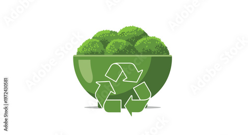 A sleek polished green ceramic bowl overflowing with lush manicured shrubbery displays a crisp white universal recycling symbol against a stark clean white backdrop.