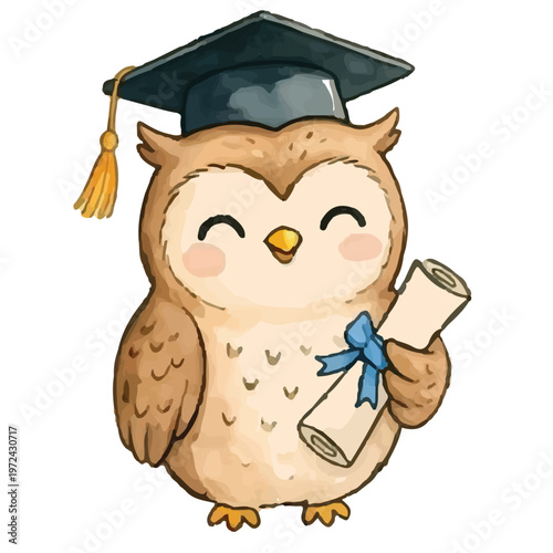 Wise cartoon owl teacher with books wearing a graduation cap representing education and learning