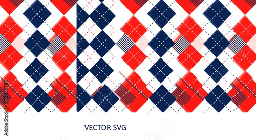 Classic Argyle Pattern: Red, Navy Blue, White Diamond Shapes, Geometric Fabric Texture