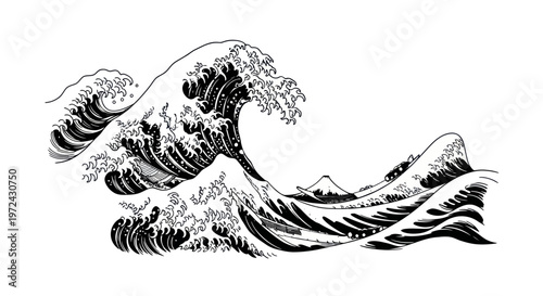 Dramatic Japanese Wave Art - Mount Fuji Background - Black and White