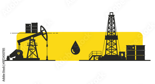 Oil Rig and Pumpjack Silhouette with Oil Drop and Barrels