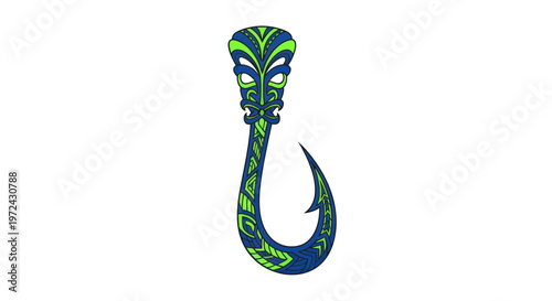 Maori Hei Matau Fish Hook Tribal Tattoo Design, Green Blue
