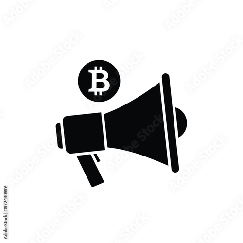 A black silhouette depicts a megaphone with a bitcoin symbol floating above it representing cryptocurrency promotion