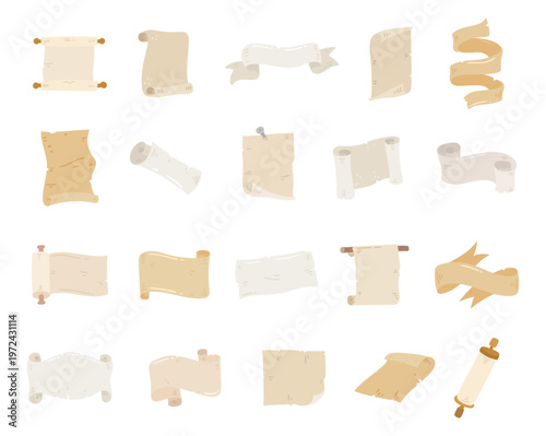 Scroll set in scandinavian style featuring parchment paper banner ribbon antique manuscript elements for your illustration and vintage design