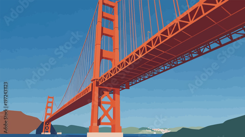 Golden Gate Bridge stands tall over water in bright sunlight with clear blue sky and green hills in the background