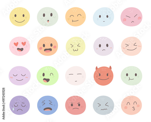 Emotion set in scandinavian style featuring cute character featuring smile surprise satisfaction neutral anger love joy adorable sadness embarrassment calm
