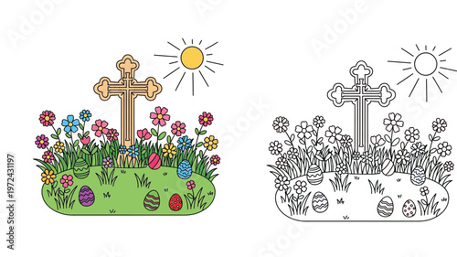  Easter Cross with Spring Flowers and Decorated Eggs Illustration, Christian Religious Holiday Scene with Sun and Meadow, Including Black and White Coloring Book Page Vector
