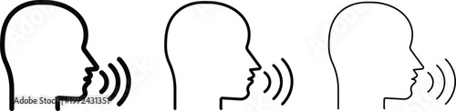 Speaking person icon set with sound waves, human head profile with voice command symbols, talking man outline vector in different line weights