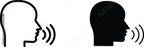 Minimalist speaking person icon set, human head silhouette with voice sound waves, black and white talking profile vector illustration