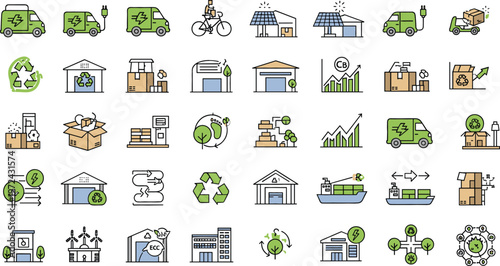 Green logistics and sustainable business vector icon set featuring eco delivery trucks, recycling systems, renewable energy, warehouses and environmental supply chain