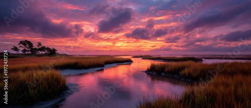 Stunning Sunset Over Serene Wetlands with Vibrant Sky and Reflective Water