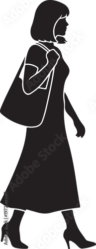 Elegant silhouette of a woman walking with a stylish handbag and dress silhouette vector icon