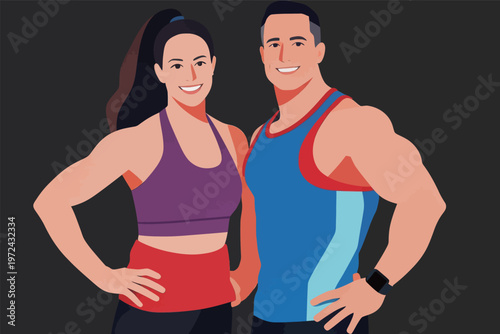 Fitness trainers standing together for a promotional photo at a gym during evening hours