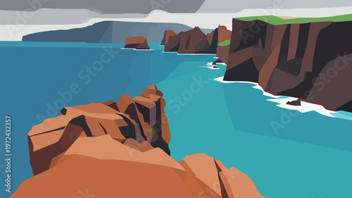 Colorful scene of cliffs and ocean near coast with rocky formations and calm water on a cloudy day in a beautiful landscape