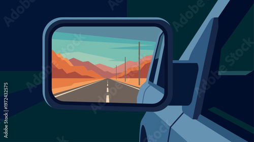 A car's side mirror reveals a bright, vector-style desert highway stretching toward orange mountains, sharply contrasting with the heavy darkness entirely enveloping the vehicle's actual surroundings