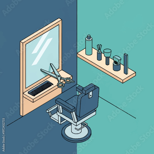 Isometric illustration of a barber shop.