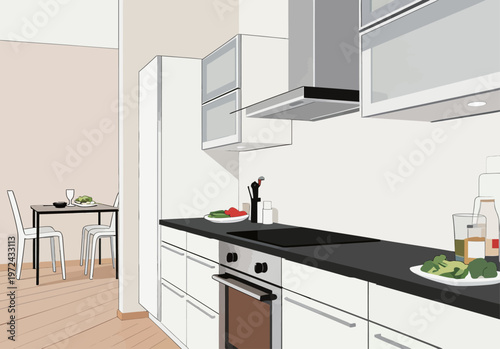 Kitchen scene with cooking preparation, table set for dining, and fresh vegetables in a modern setting during daytime hours