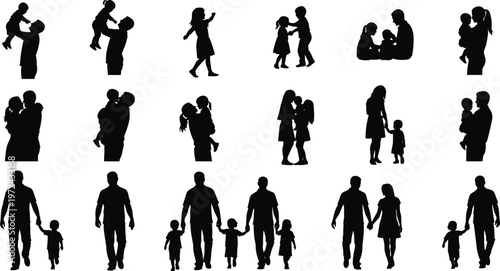 Family, silhouette, collection, with, parents, and, children, walking, holding, hands, mother, father, baby, childhood, parenting, love, unity, set, vector, illustration.