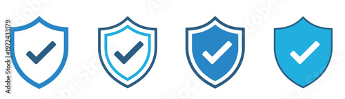 security shield icons pack, check mark verification symbols, safe access and protection concept, user authentication and data security vector design, minimal flat illustration set.