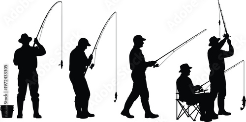 Fisherman silhouettes collection featuring men angling, sitting in chair, casting lines, holding rods, fishing bucket, and outdoor recreation hobby activities.
