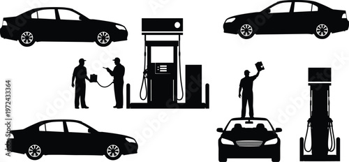 Gas station silhouettes collection featuring fuel pumps, sedan cars, service workers refueling vehicles, and automotive maintenance icons for transport vector,