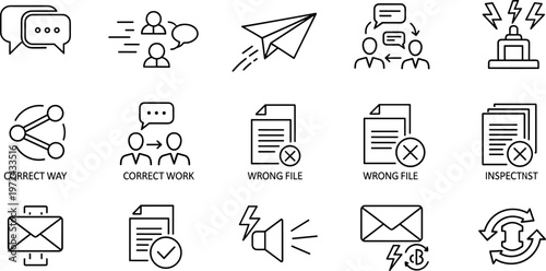 Business communication and workflow icon set with chat messages teamwork file management email sharing and process symbols