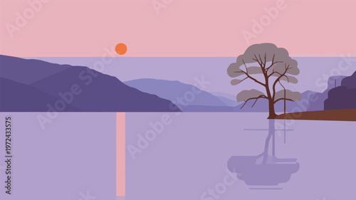 Sunset view over a calm lake with mountains in the background and a lone tree on the shore