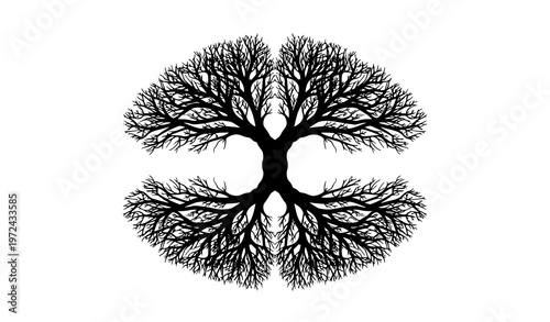 Tree of life bare tree silhouette with mirrored roots symmetrical vector design isolated on white