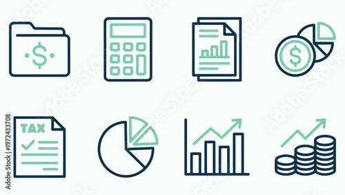 Financial and Business Data Icons Set: Tax, Calculator, Charts, and Money Folder