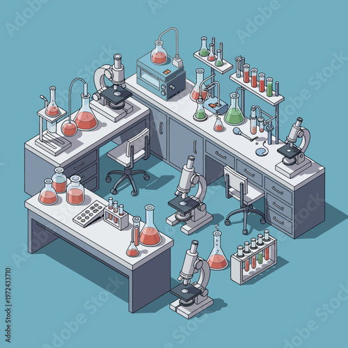 Isometric laboratory workspace with scientific equipment.