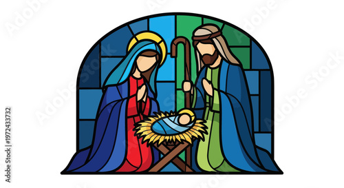 Stained Glass Nativity Scene: Mary, Joseph, and Baby Jesus in Manger