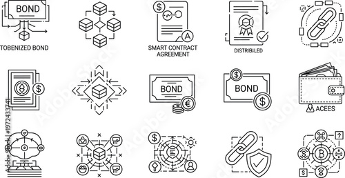 Blockchain and Smart Contract Icon Set with Tokenized Bond Distributed Ledger Crypto Wallet and Fintech Line Vector Collection