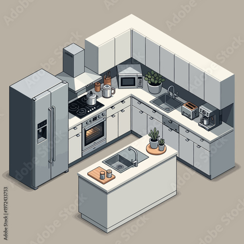 Modern kitchen interior with appliances and furniture.
