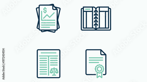 Flat Outline Icons: Documents with Charts, Open Book, and Certificate
